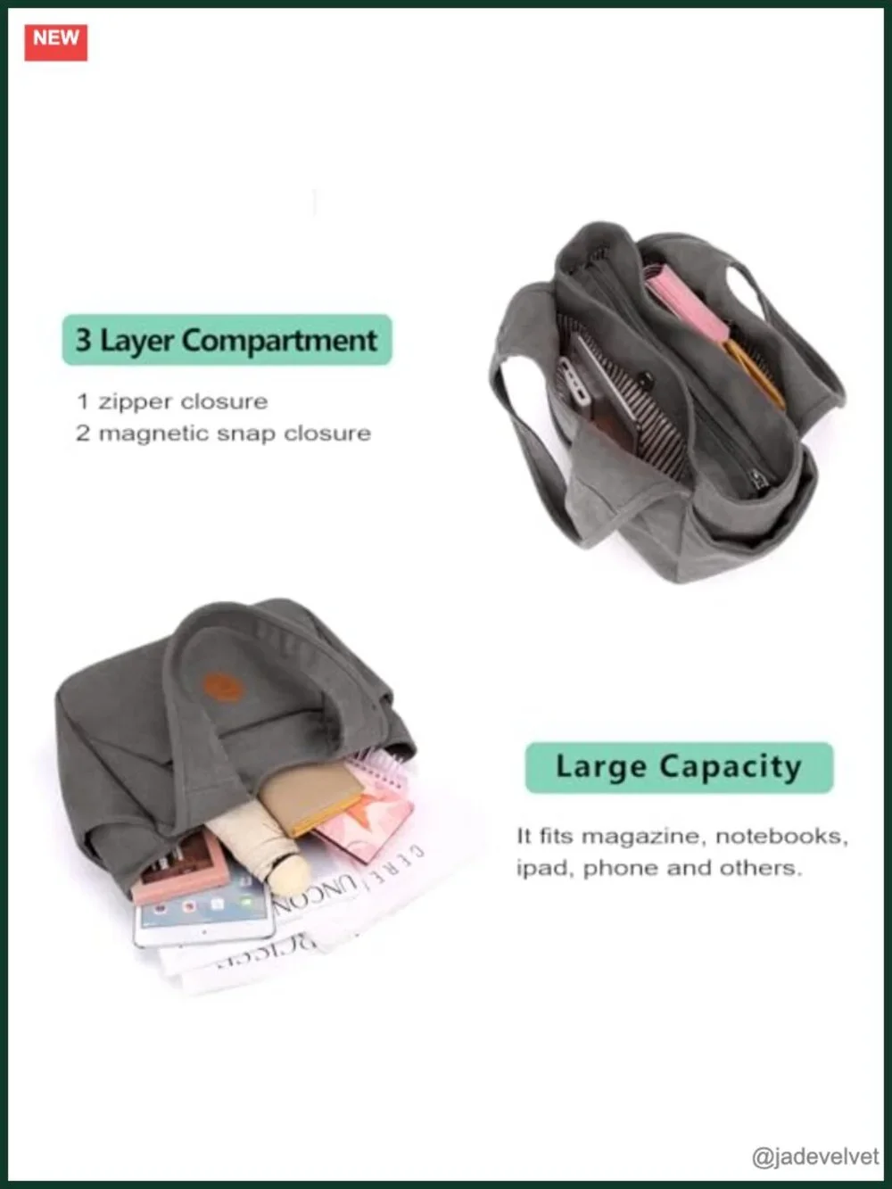 Canvas Hobo Shoulder Bag with 3 Compartments Daily Tote